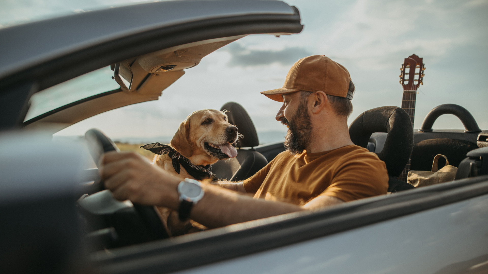 man and dog in car roof down